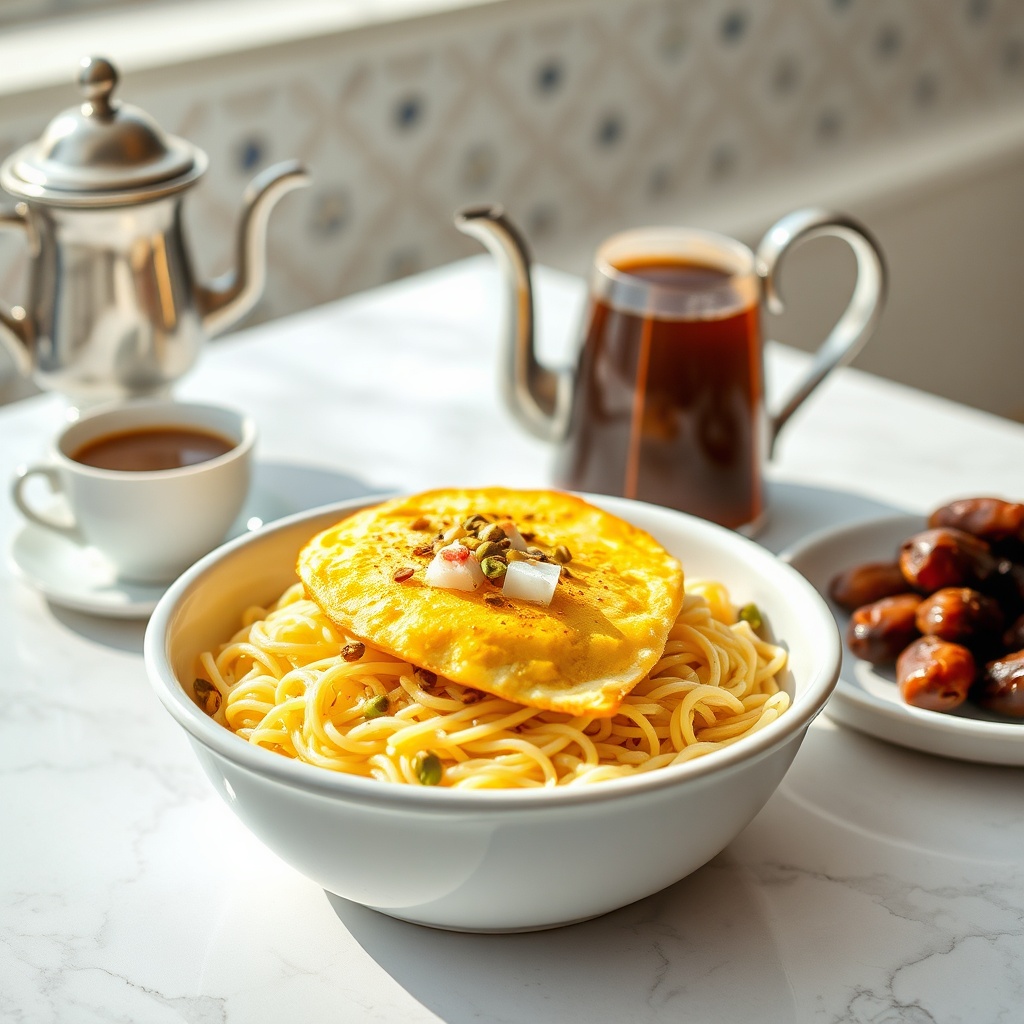 Sweet and savory Balaleet breakfast dish with egg and pistachios, a must-try Bahraini food experience, paired with Arabic coffee and dates