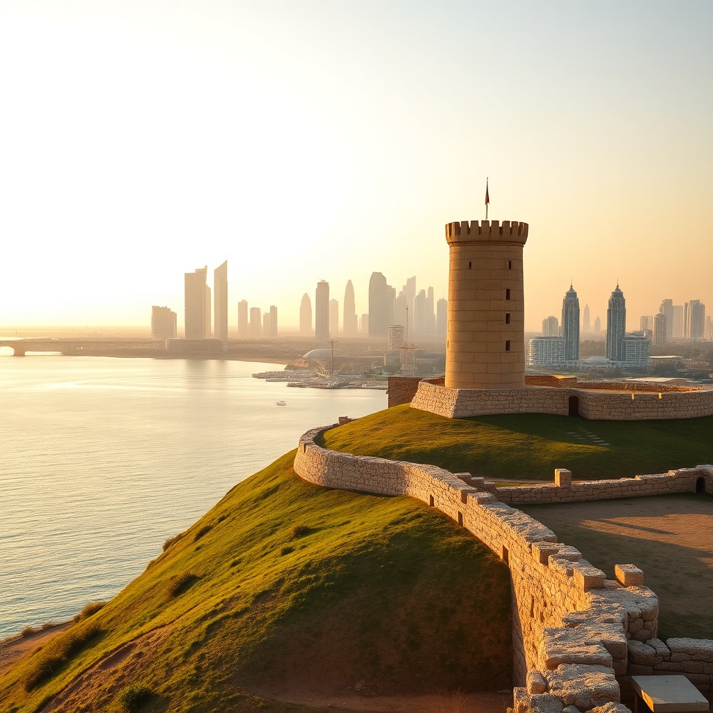Vue panoramique du fort de Bahreïn au coucher du soleil, mêlant ruines antiques et gratte-ciels modernes de Manama en arrière-plan. Une expérience incontournable à Bahreïn alliant histoire et modernité.