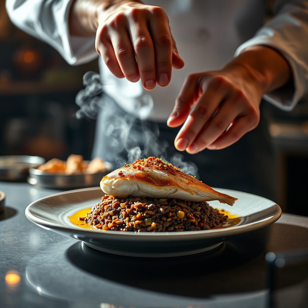 Modern Bahraini cuisine reinterpretation of muhammar with seared fish and saffron oil by a chef in Manama
