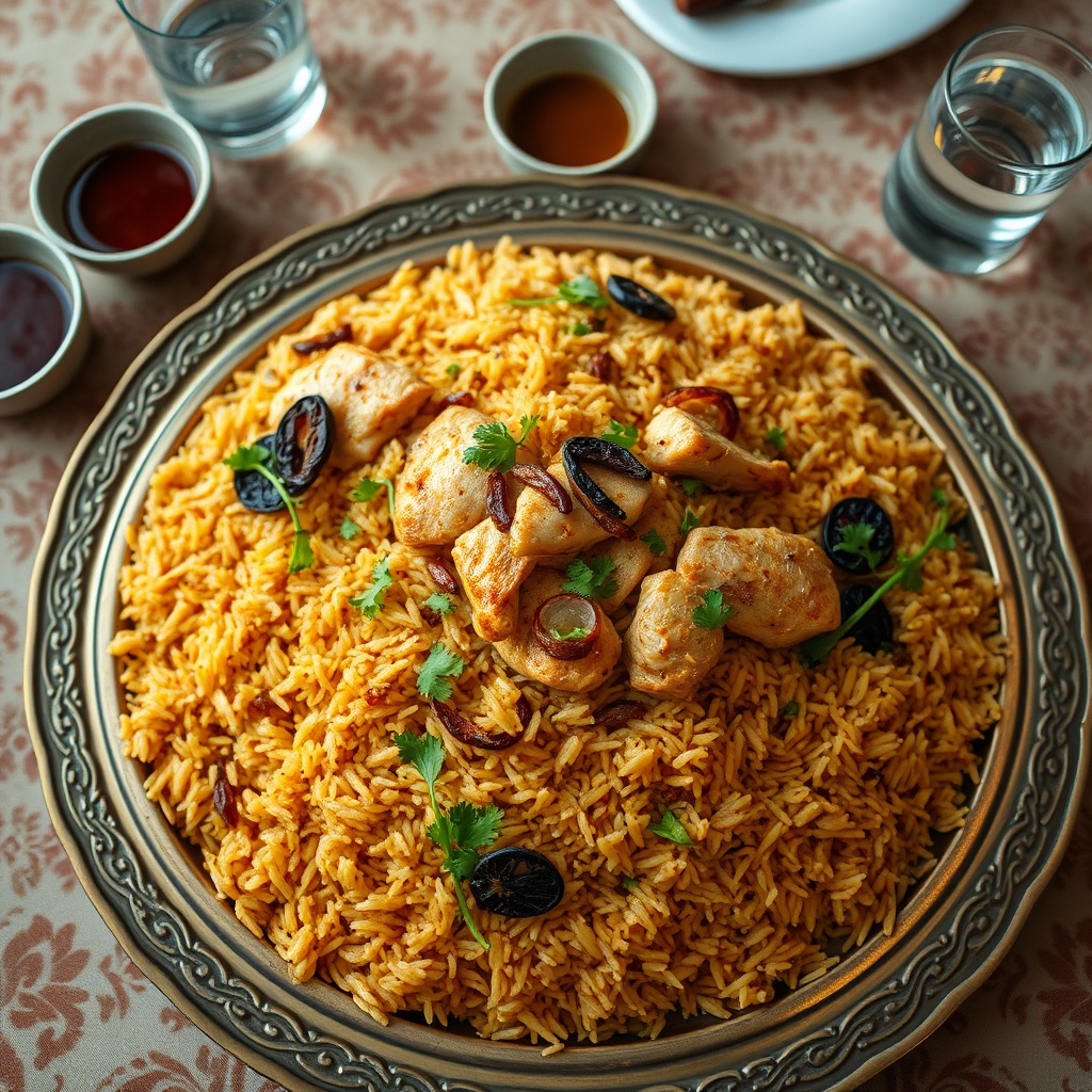 Plat traditionnel de la cuisine bahreïnienne : machboos au poisson et au riz parfumé, garni d'oignons frits et de citrons séchés, servi sur un plateau en laiton.