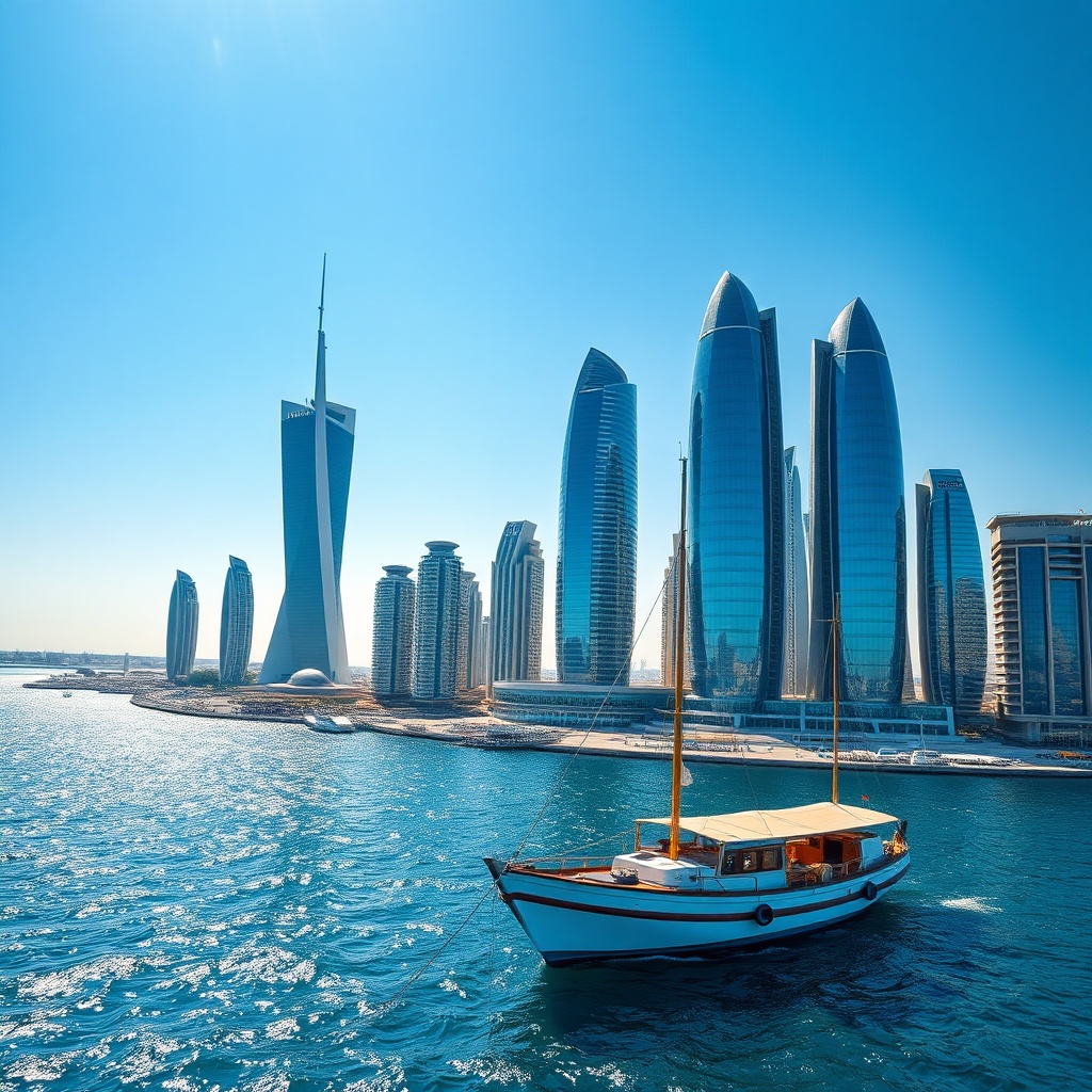 Vue moderne de Manama illustrant l'histoire de Bahreïn et sa transformation en hub financier, avec des gratte-ciels contemporains et un boutre traditionnel en premier plan.